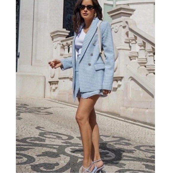 Zara Double-Breasted Blazer‎ Jacket in Blue Check Plaid Princess Kate Sz XS - Picture 12 of 16